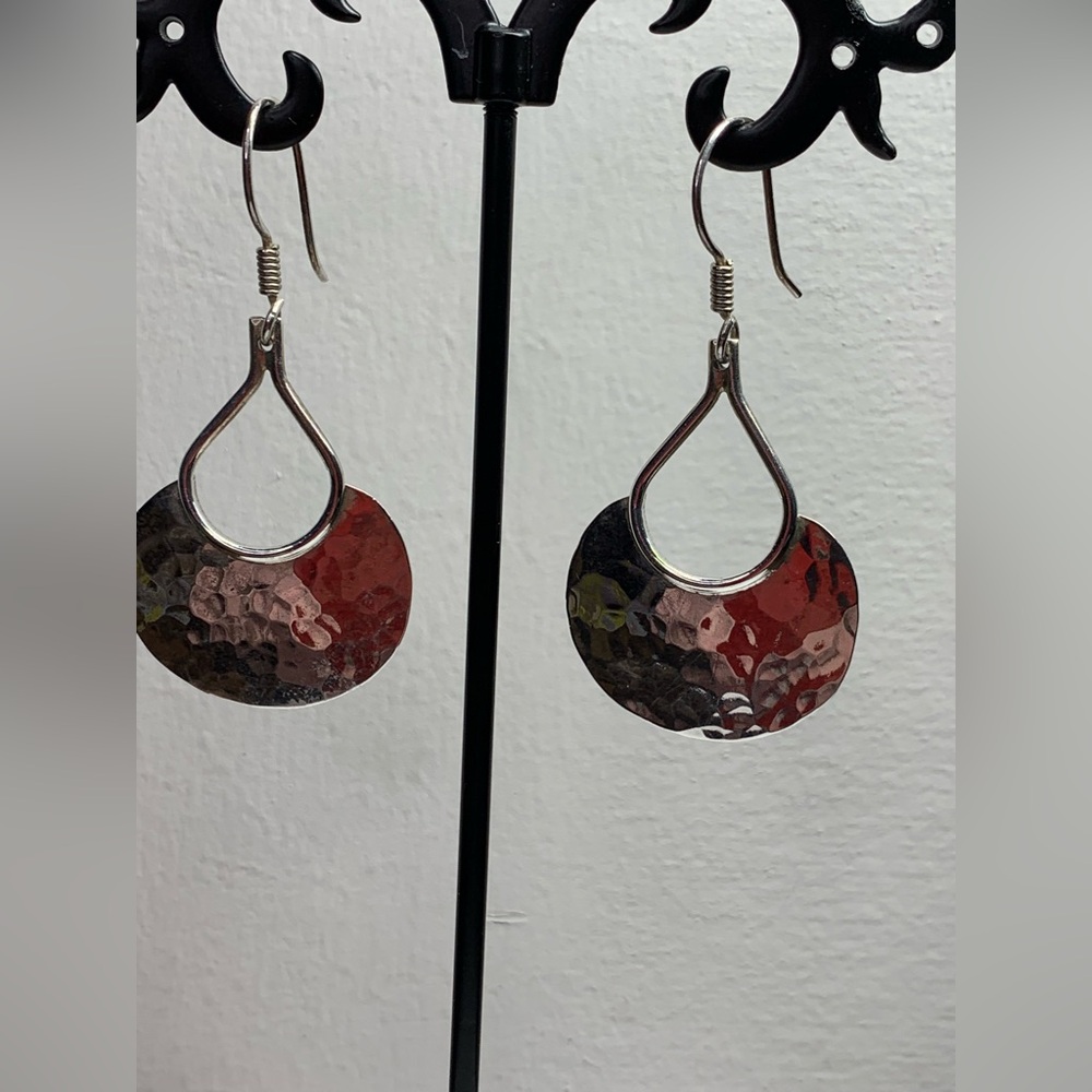 Vintage Mexico Hammered Sterling Silver Wide-Fan Shaped French Wire Earrings